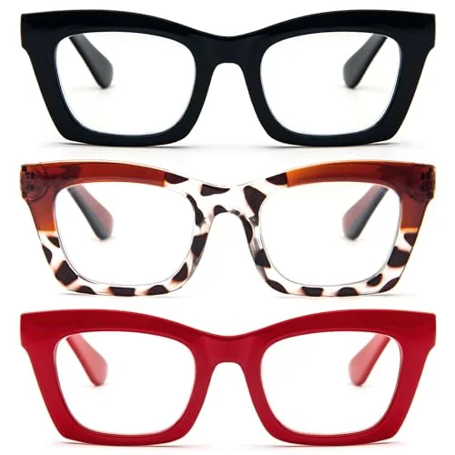 REAVEE 3 Pack Oprah Style Reading Glasses for Women Blue Light Blocking, Oversized Cute Square Fashion Computer Readers with Spring Hinge 2.0