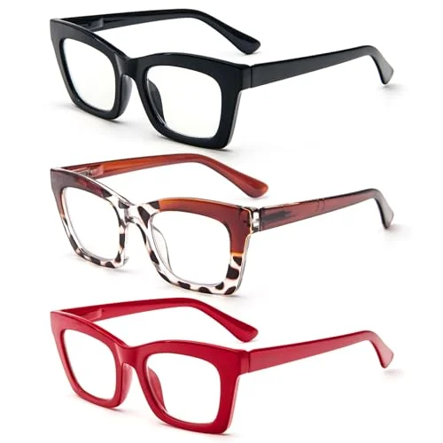 REAVEE 3 Pack Oprah Style Reading Glasses for Women Blue Light Blocking, Oversized Cute Square Fashion Computer Readers with Spring Hinge 2.0 2